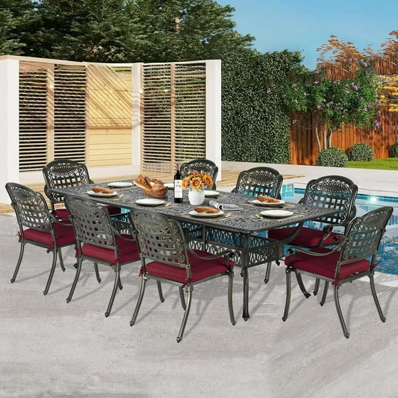 9-Piece Patio Dining Set for 8, All Weather Cast Aluminum Outdoor Funiture Table and Chairs Set - 94.5” Rectangular Table and 8 Cushioned Dining Chairs, 2" Umbrella Hole, Chili Red