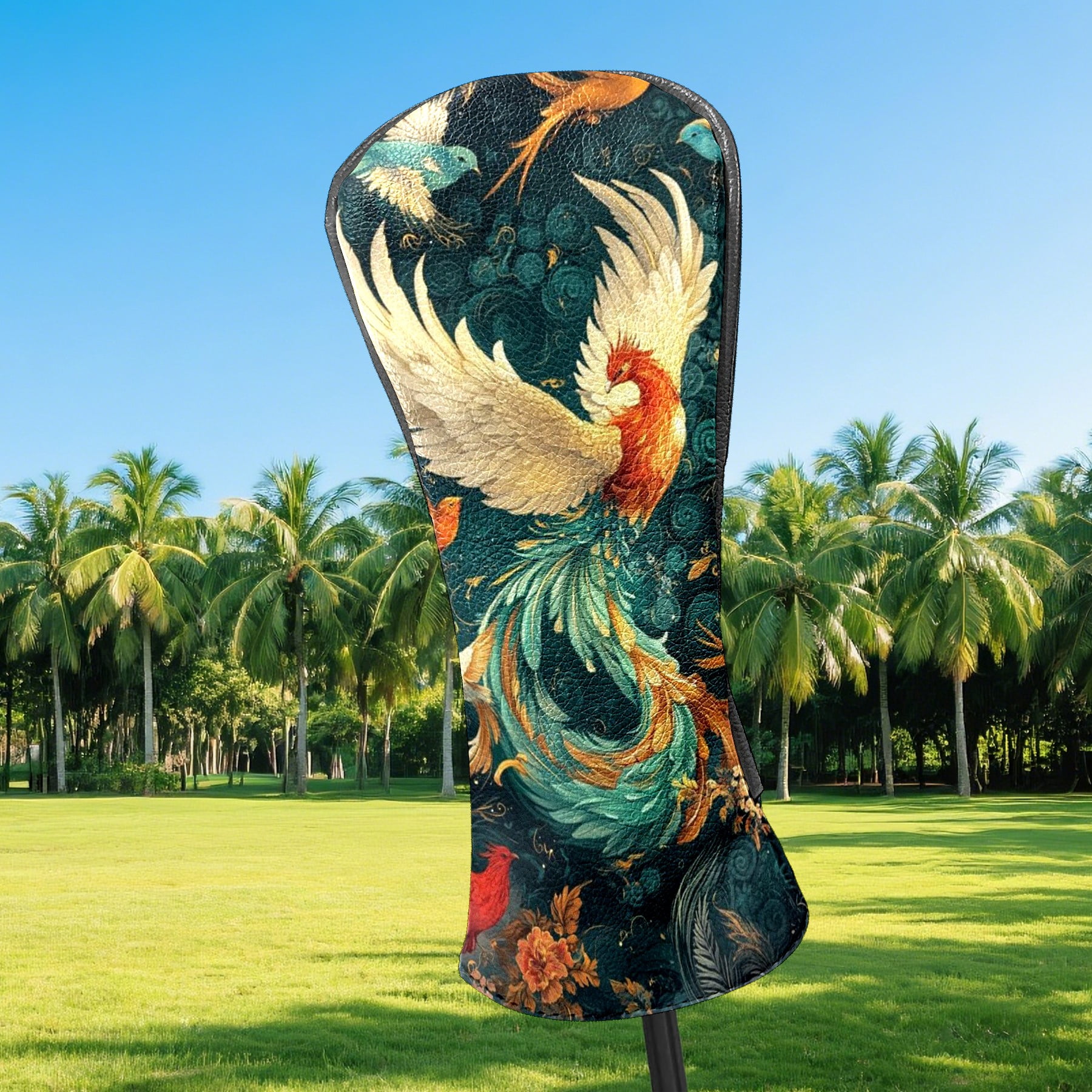 Golf Head Covers Colorful Phoenix Design for Driver, Wood & Hybrid, Premium Waterproof PU Leather with Plush Lining, Mythical Bird Golf Gifts