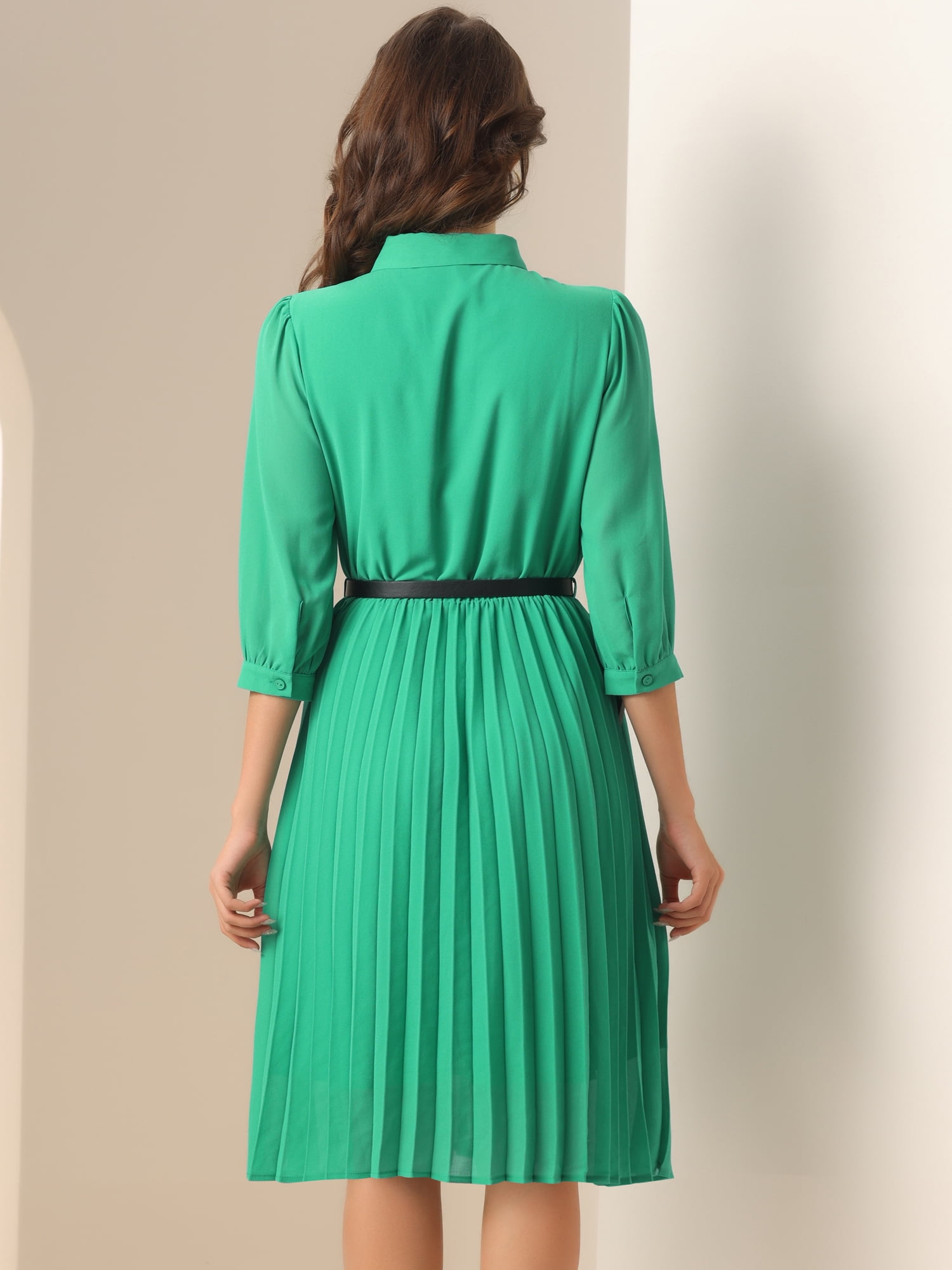 DARING DIVA 3/4 Sleeve Collared Button Down Pleated Dress L Green