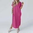 thumbnail image 4 of Ecqkame Dresses for Women Summer Comfort Fashion Solid Color Pocket Sleeveless V-Neck Dress Long Dresses for Women Hot Pink M, 4 of 7