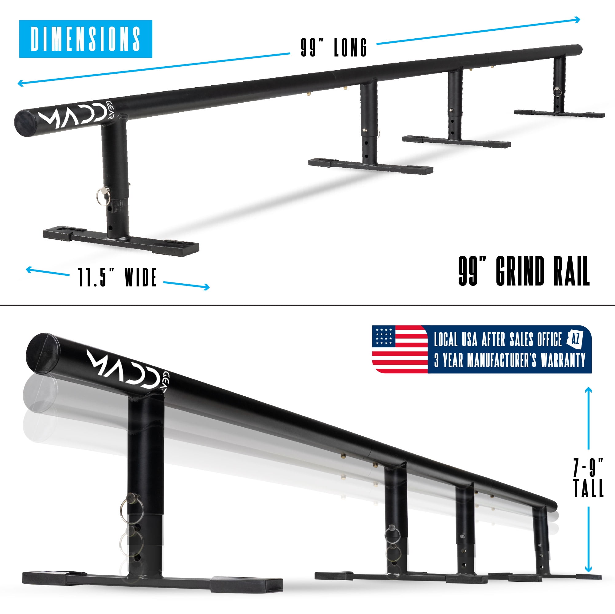Madd Gear Grind Rail - 99" Long - 3-Step Adjustable Height - Extra Stability Practice Skate Rail