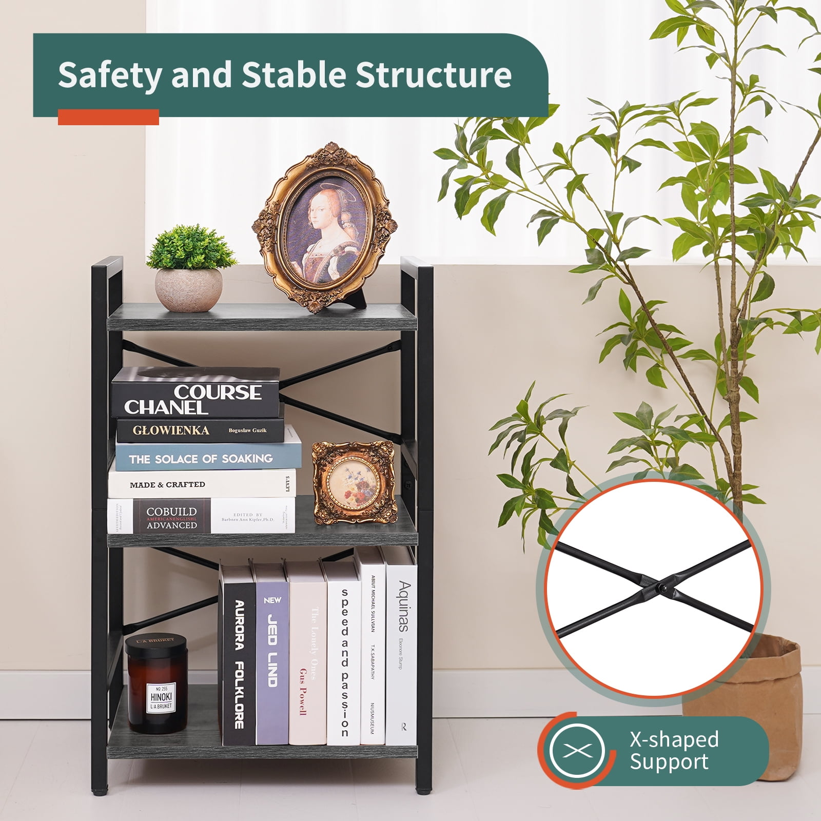 3 Tier Bookcase, Small Bookshelf Storage for Bedroom, Living Room, Office Home, Grey
