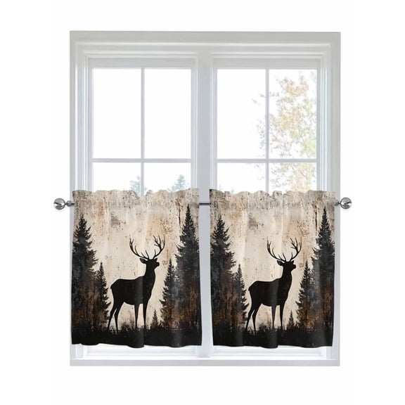 Half Window Curtain 36 Inches Long, Vintage Forest Deer Window Treatment Curtain Drapes, Rustic Country Wildlife Woodland Small Tier Curtains for Bathroom Over Sink, 27.5"x36", 2 Panels