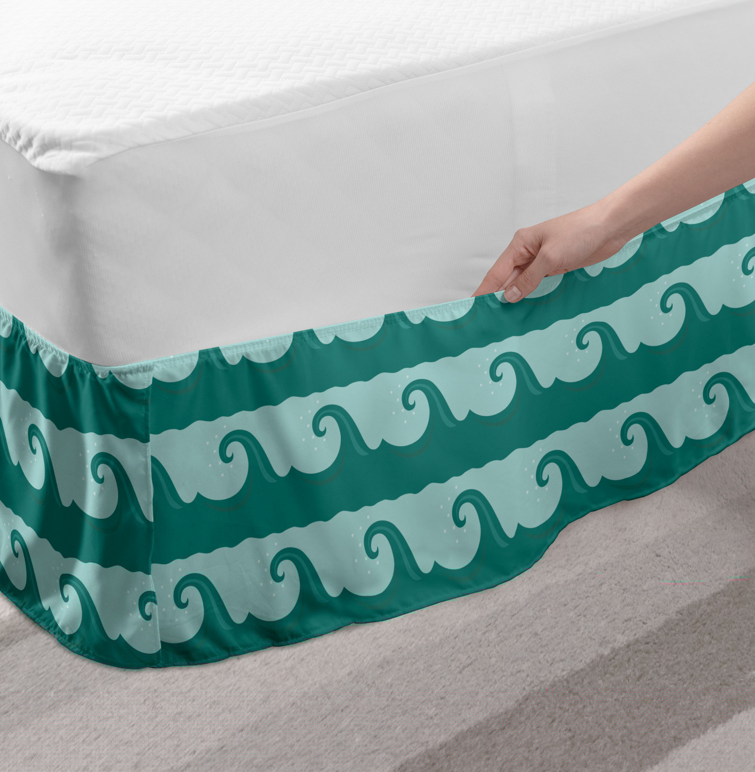 thumbnail image 2 of Nautical Bed Skirt, Cartoon Design Swirling Ocean Waves Flow in Pastel Colors Print, Elastic Bedskirt Dust Ruffle Wrap Around for Bedding Decor, 4 Sizes, Teal and Pale Seafoam, by Ambesonne, 2 of 2