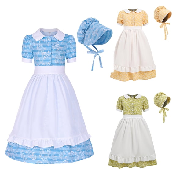 THDHVS Girls Dresses,3 Piece Set Print Short Sleeve Dress with Apron and Matching Hat for Girls Play Pretend Outfit,Dresses for Girls Green