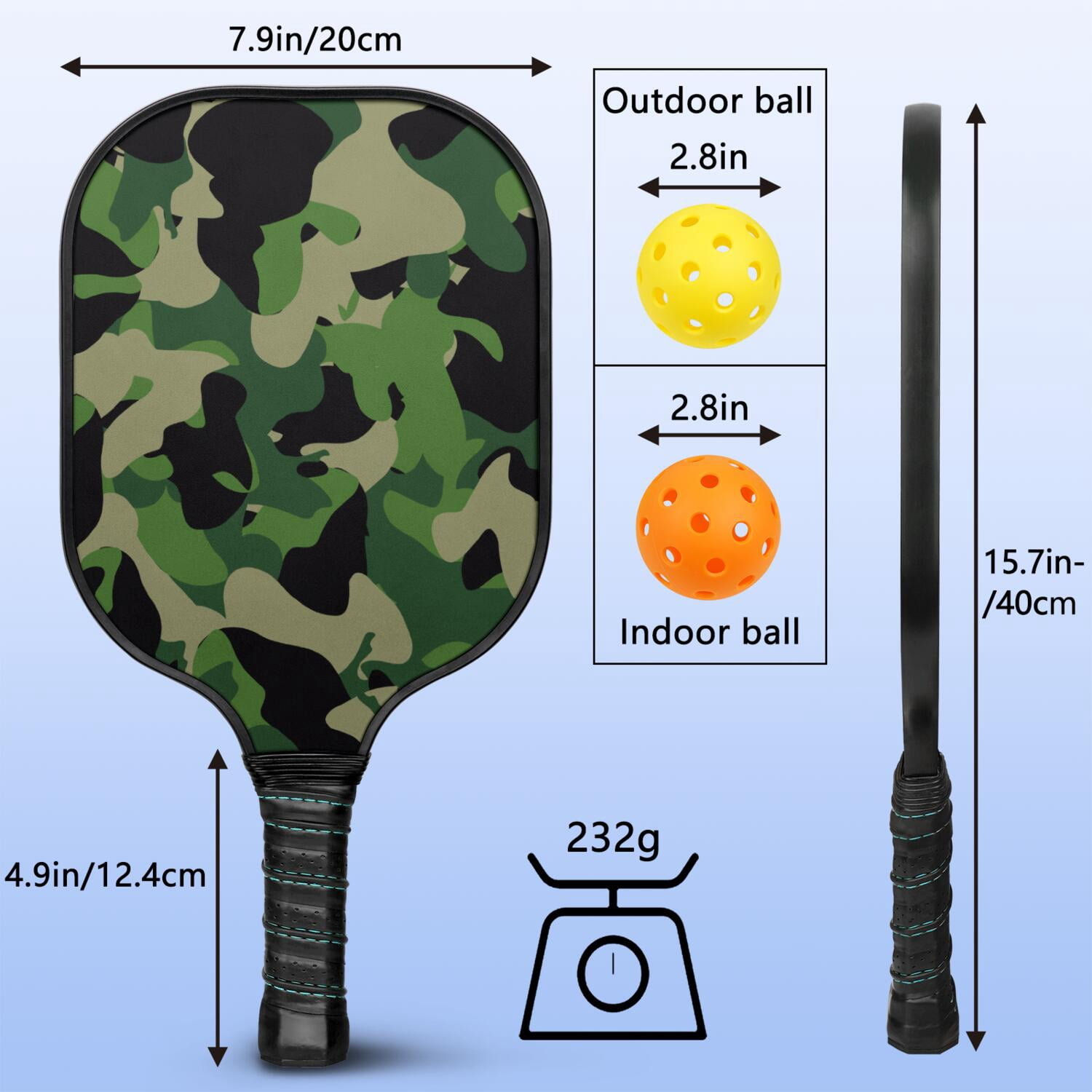 Pickleball Paddles Set Of 1, Fiberglass Surface, Camouflage Print, 1 Paddle, 2 Balls & Bag