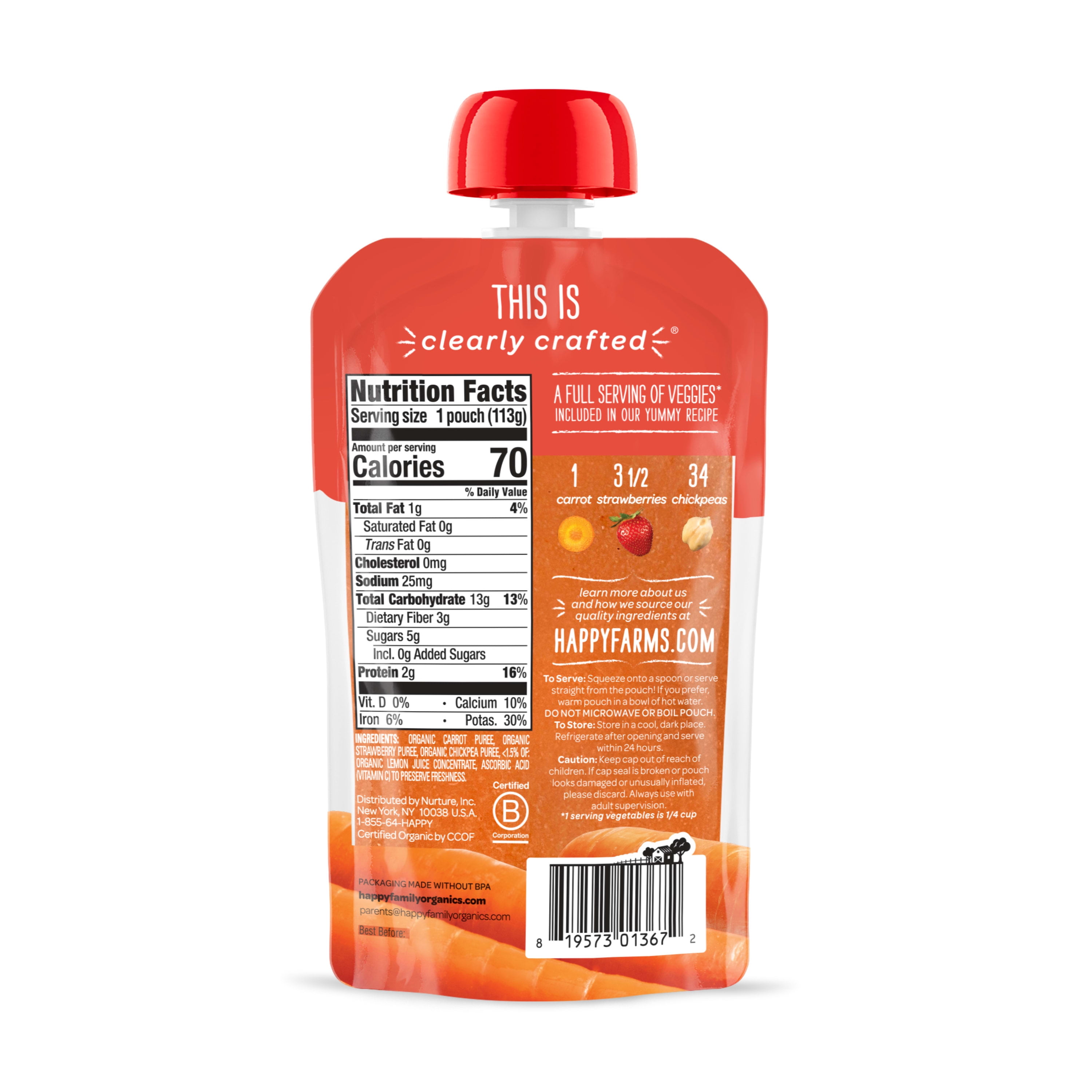 Happy Baby Organics Clearly Crafted Stage 2 Carrots, Strawberries & Chickpeas Pouch 4oz UNIT