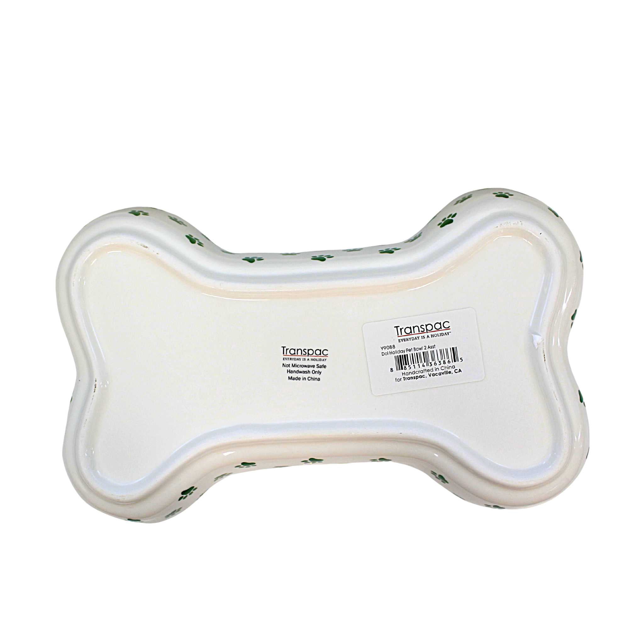 Transpac Holiday Pet Bowls - One Bowl 1.75 Inch, Ceramic - Bone Shape Paw Prints Y9088 Green