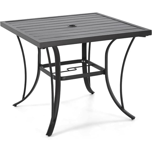 HAPPATIO Patio Dining Table, 4 Person Black Square Patio Backyard Furniture Table,Metal Steel Slat Dining Table with Umbrella Hole Dia 2"(35" x 35" x 28.5")