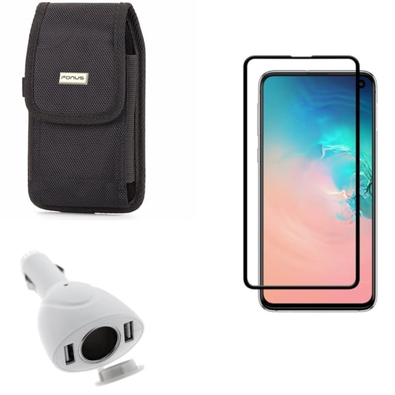 Galaxy S10e Screen Protector w Car Charger w Case Belt Clip - Tempered Glass 5D Curved Edge, DC Socket 2-Port USB Power, Rugged Holster Canvas for Samsung Galaxy S10e Phone