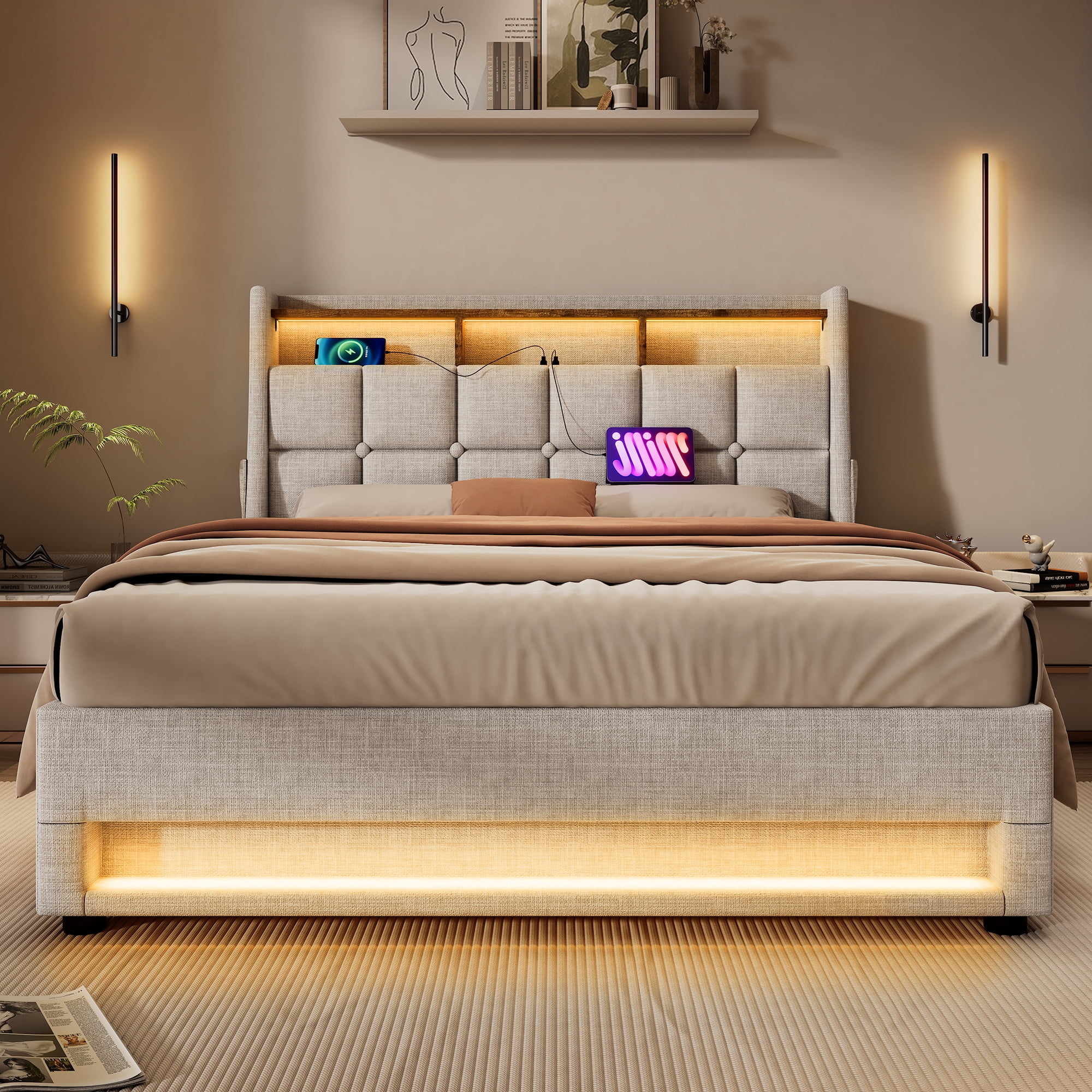 Full size Platform bed with Hydraulic Storage, LED and Charging Station, No Box Spring Needed