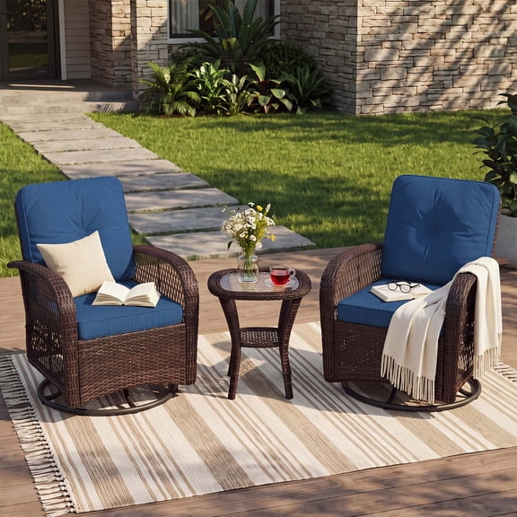 BaPiPro 3 Piece Outdoor Wicker Swivel Rocker Patio Set, All-Weather Rattan Conversation Furniture with 2 Cushioned Armchairs & Tempered Glass Side Table, Navy Blue, for Deck Backyard Porch
