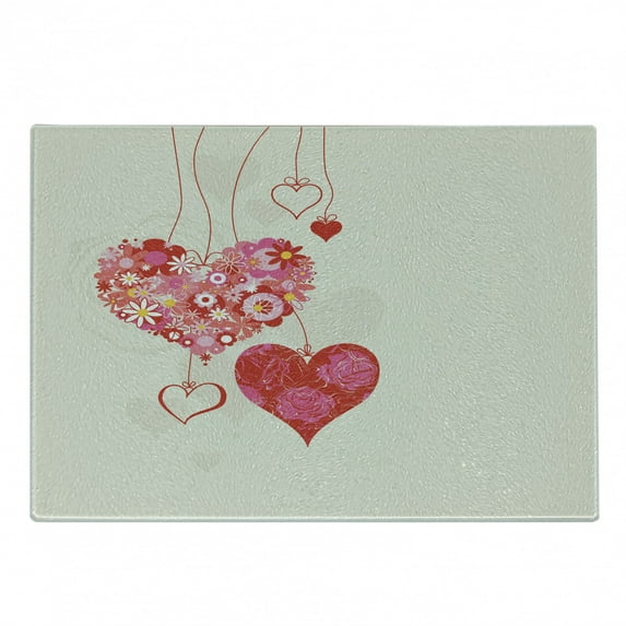 Engagement Party Cutting Board, Ornamental Floral Heart Attached to Strings with Bow Tie, Decorative Tempered Glass Cutting and Serving Board, Small Size, Eggshell Multicolor, by Ambesonne