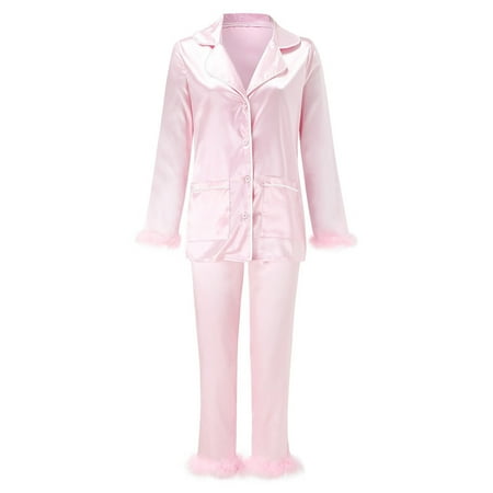 

Tops for Women Casual Fall Women Long Tops Long Set 2 Sleeve Piece Sleepwear Camis Pants Women Suits Sets Women Pajama Sets Polyester Pink