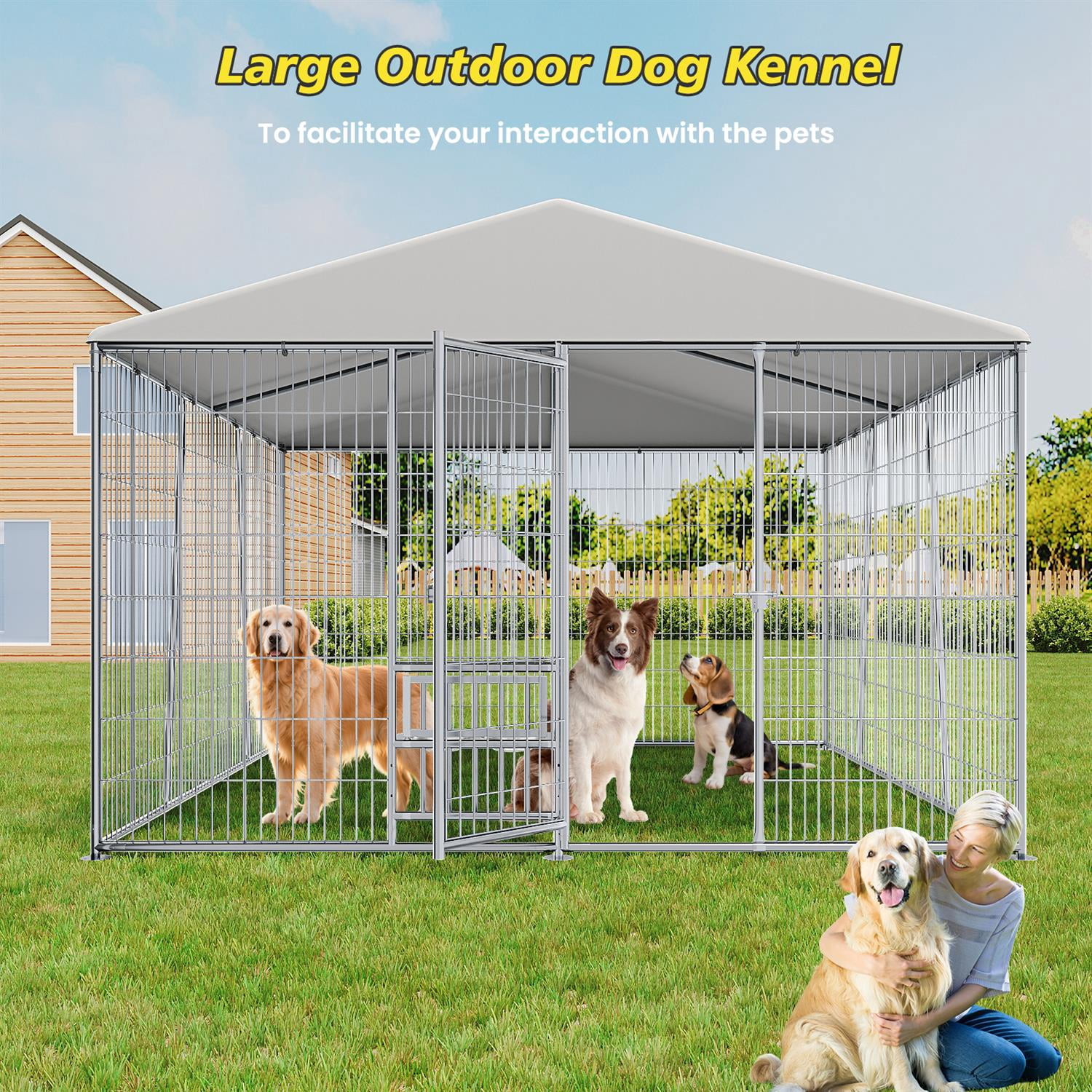 Pefilos Heavy-Duty 10x10 FT Outdoor Dog Kennel with Feeding Bowl, Waterproof Roof & Secure Lock, Steel Material, Silver - Perfect for Large Pets