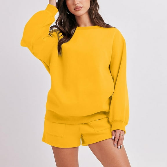 tarylea Sweatsuits for Women 2 Piece Sets Long Sleeve Crew Neck Pullover Drawstring Elastic Waist Shorts Casual Loose Workout Tracksuits