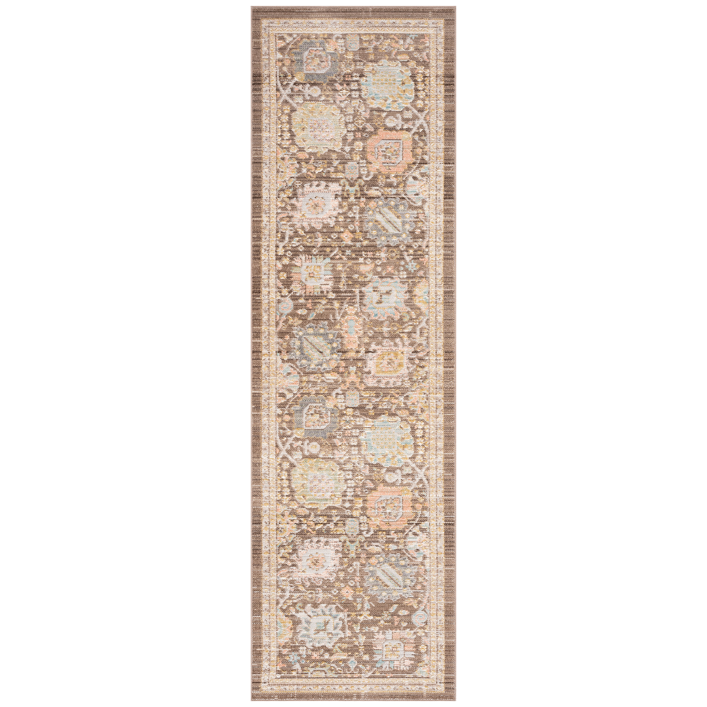 Crestwood Traditional Oriental 2'3'' x 7'7'' Brown and Aqua Polyester Indoor Runner Rug, 2'3'' x 7'7''