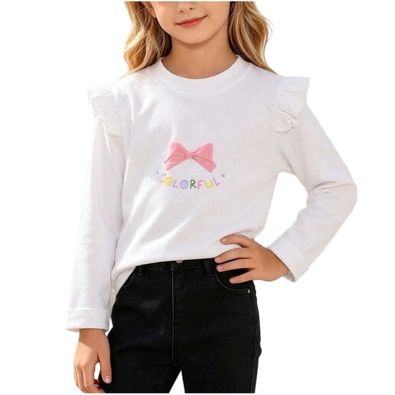 Fesfesfes Girls Ruffle Shoulder Long Sleeve Top Bow Detail Crew Neck Pullover Shirt, Cute Casual Autumn Winter Outfit for Kids Ages 0-8 Years
