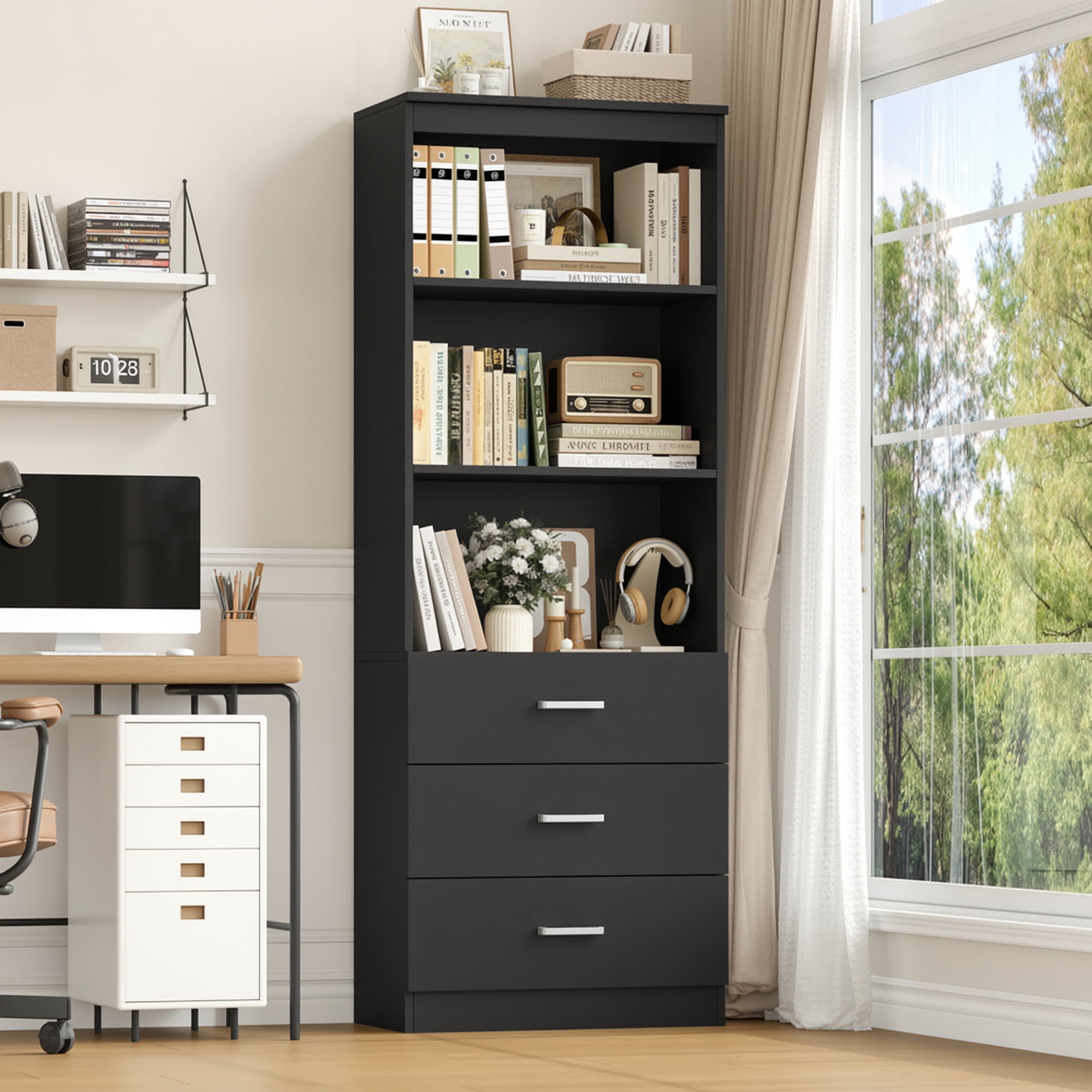 Homfa 71" Tall Bookcases with 3 Large Drawers & 3 Shelves, Wooden Bookshelf for Living Room Office, Black