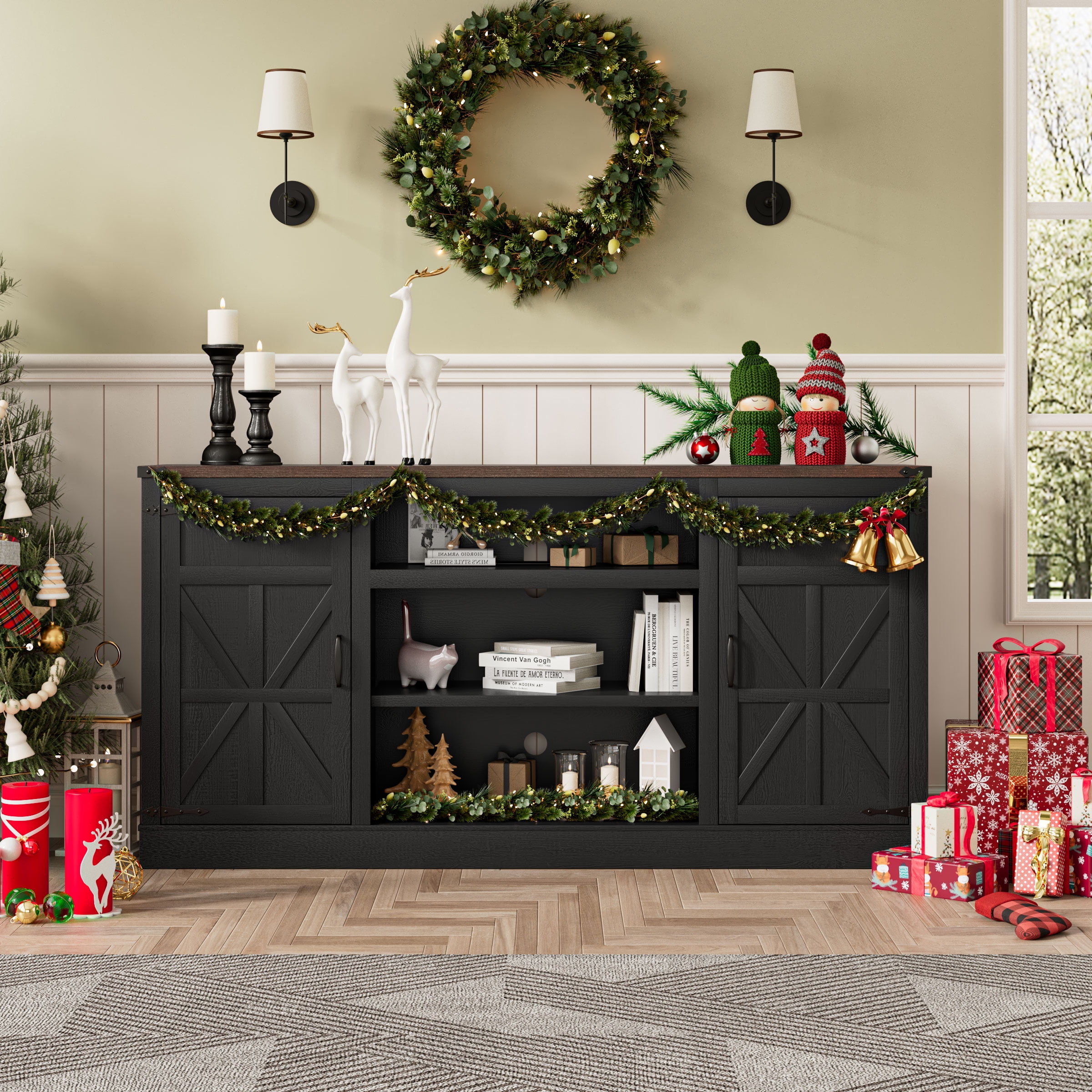 66" Farmhouse TV Stand for 65" 70" 75" TVs with Charging Station, 33" Tall Entertainment Center Console Table with Adjustable Shelves/4 Layer Storage for Living Room