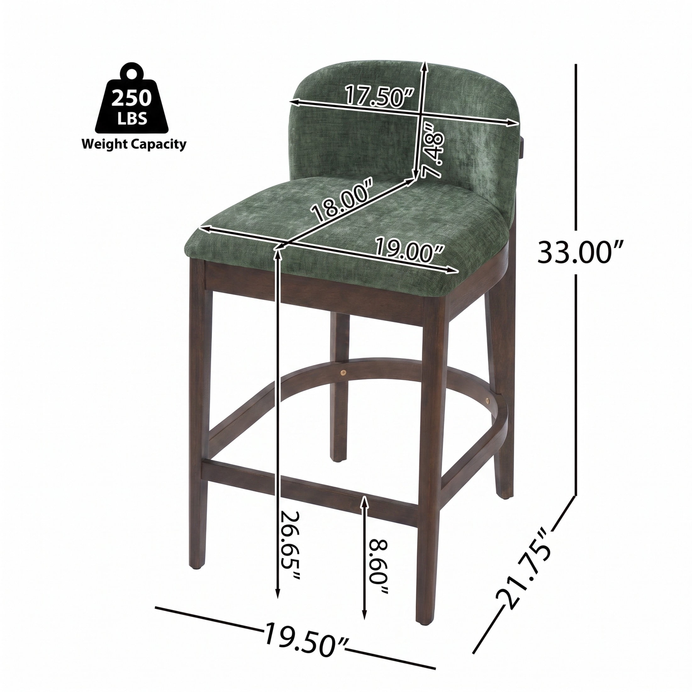 Christopher Knight Home 33"H Wooden Green Upholstered Counter Stools with Curved Seat, Walnut Finish, Set of 2