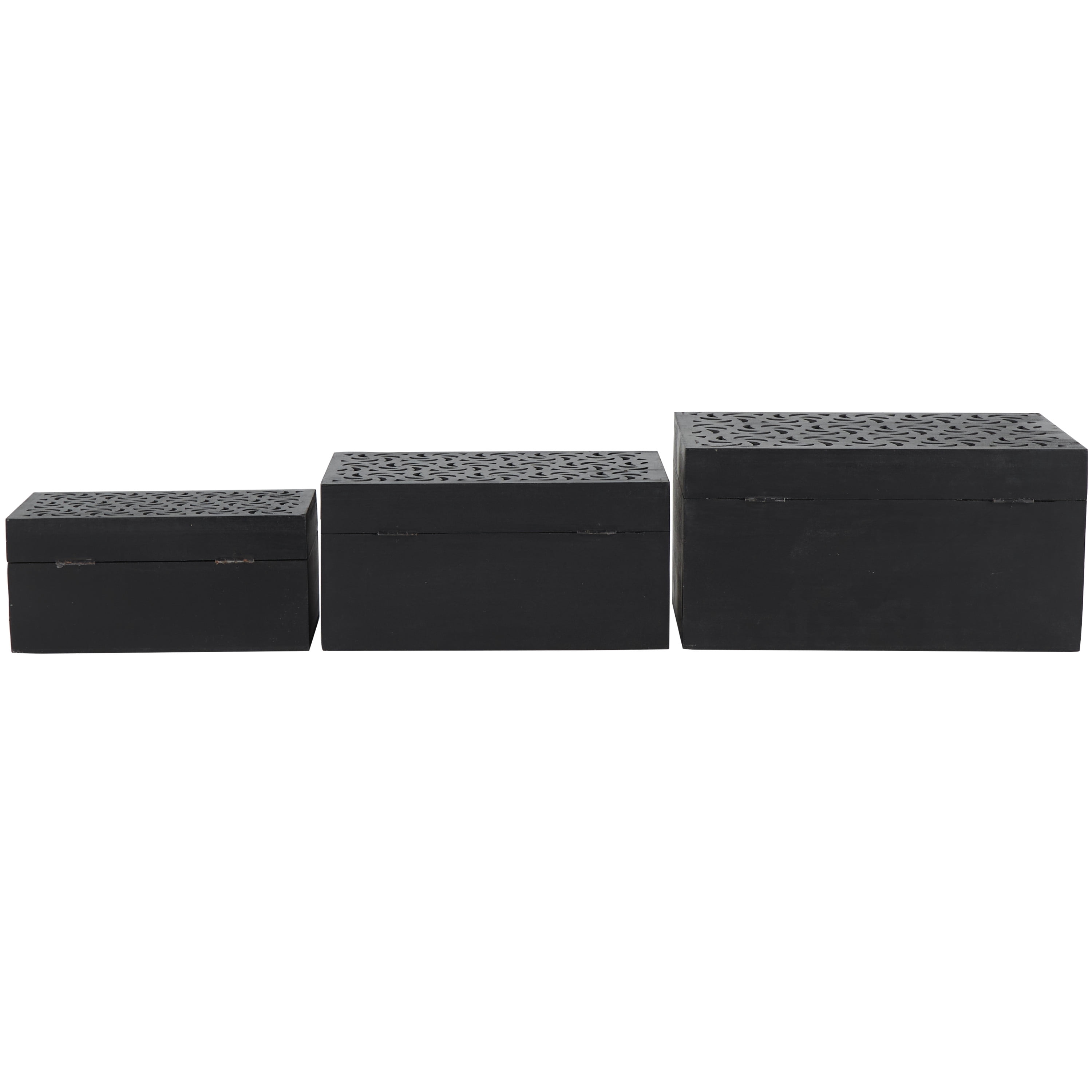 DecMode Intricate Carved Black Wood Decorative Box with Hinged Lid, 3 Count