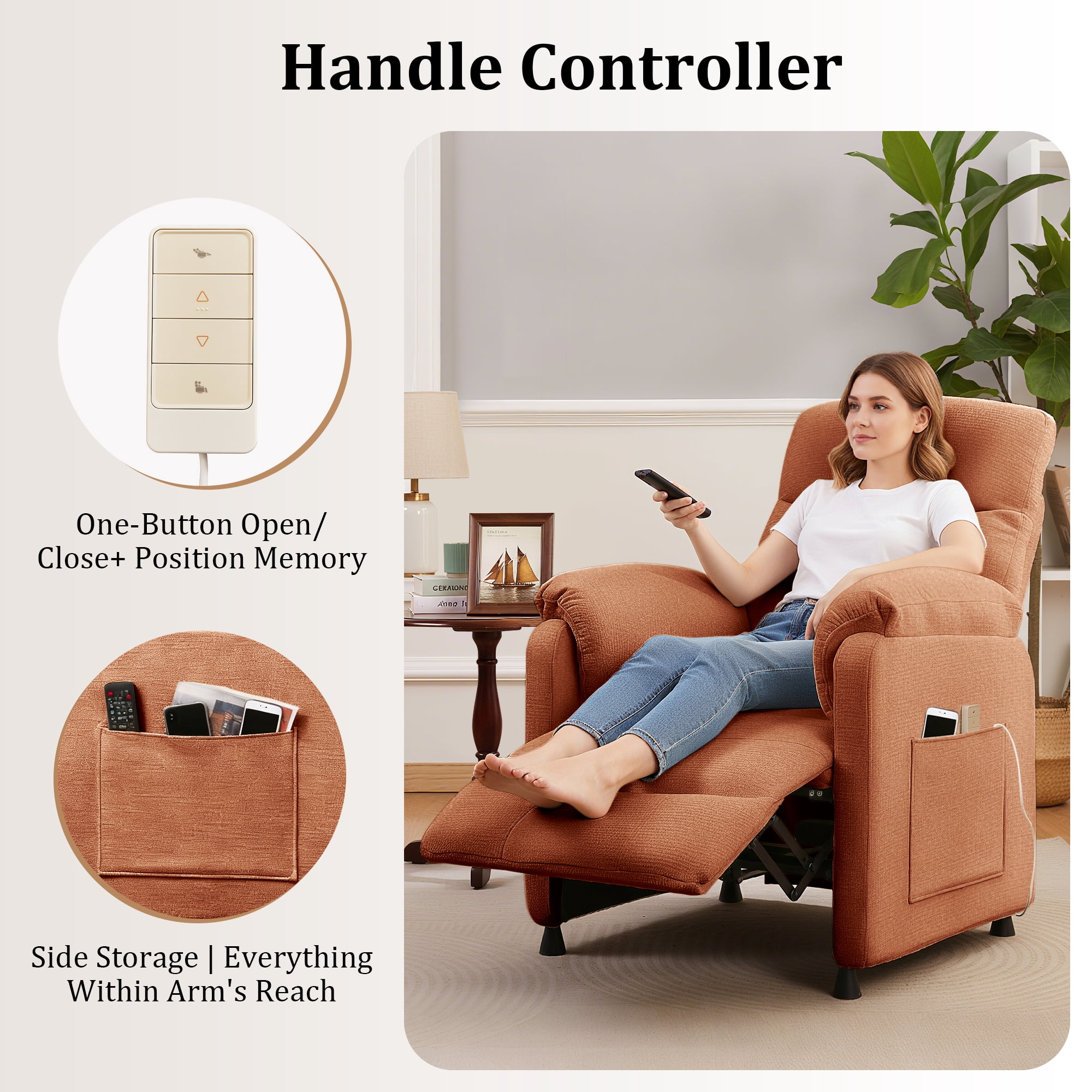 Miniyam Motorized Recliner in Orange, Features 7-Zone Support, Wired Memory Remote & Quiet Brushless Motor