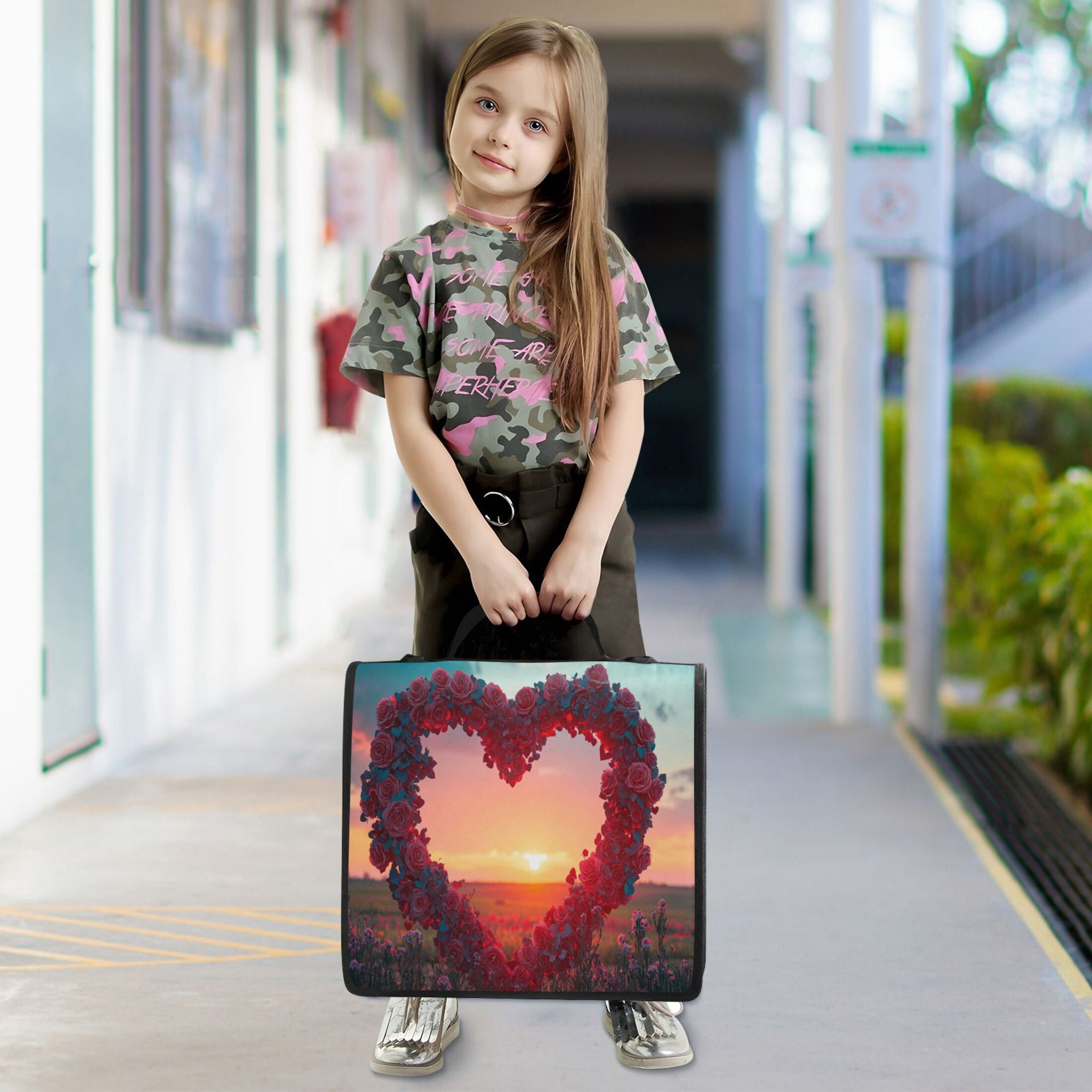 YAZAOO Zipper Binder trapper keeper Documents Organized Design Heart Shaped Floral Wreath Sunset Printed