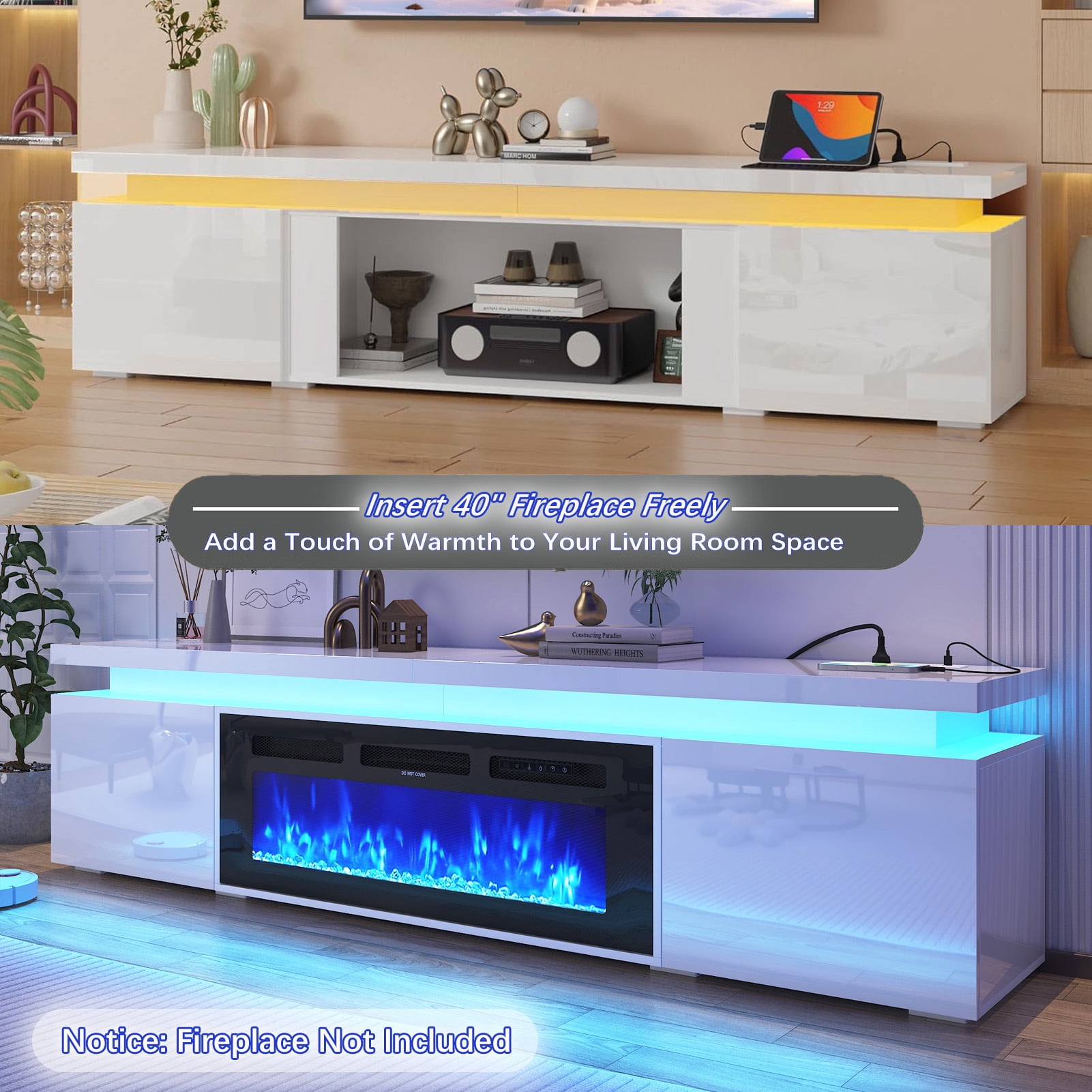 71" LED TV Stand with 40" Fireplace Slot & Power Outlet, High Gloss Fireplace TV Stand for 65 70 75 80 inch TVs, Modern Media Console Entertainment Center (No Fireplace)