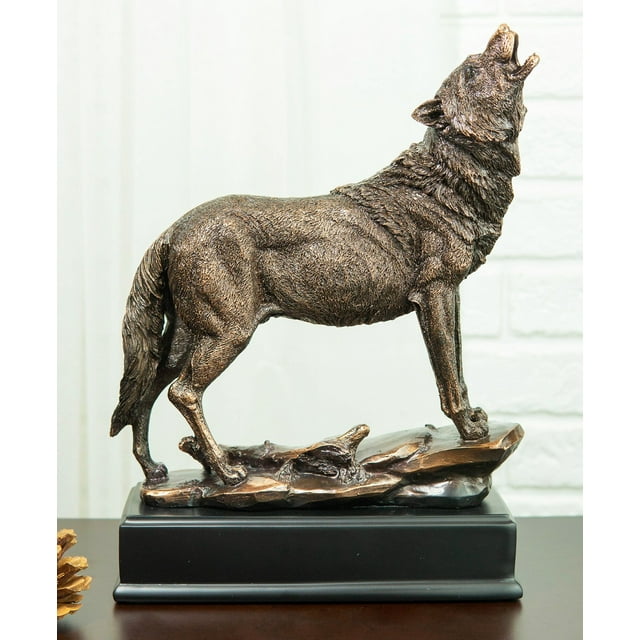 Mystical Full Moon Howling Alpha Gray Wolf Statue In Bronze Electroplated Finish