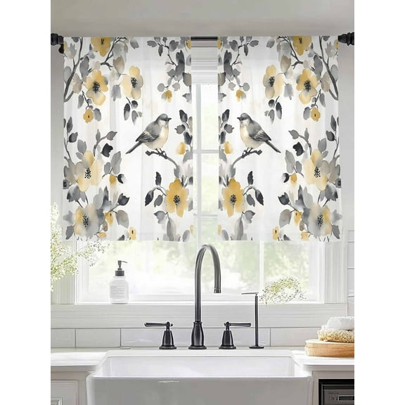 Yellow Grey Botanical Sheer Curtains for Living Room Bedroom Spring Floral Birds Retro Summer Sheer Curtains 45 Inch Long 2 Panels Set Light Filtering Curtain Window Treatments Drapes for Dining Room