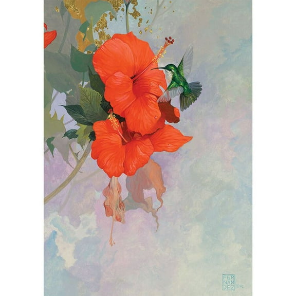 Premier Illuminated House Flag - Red Hibiscus Hummingbird