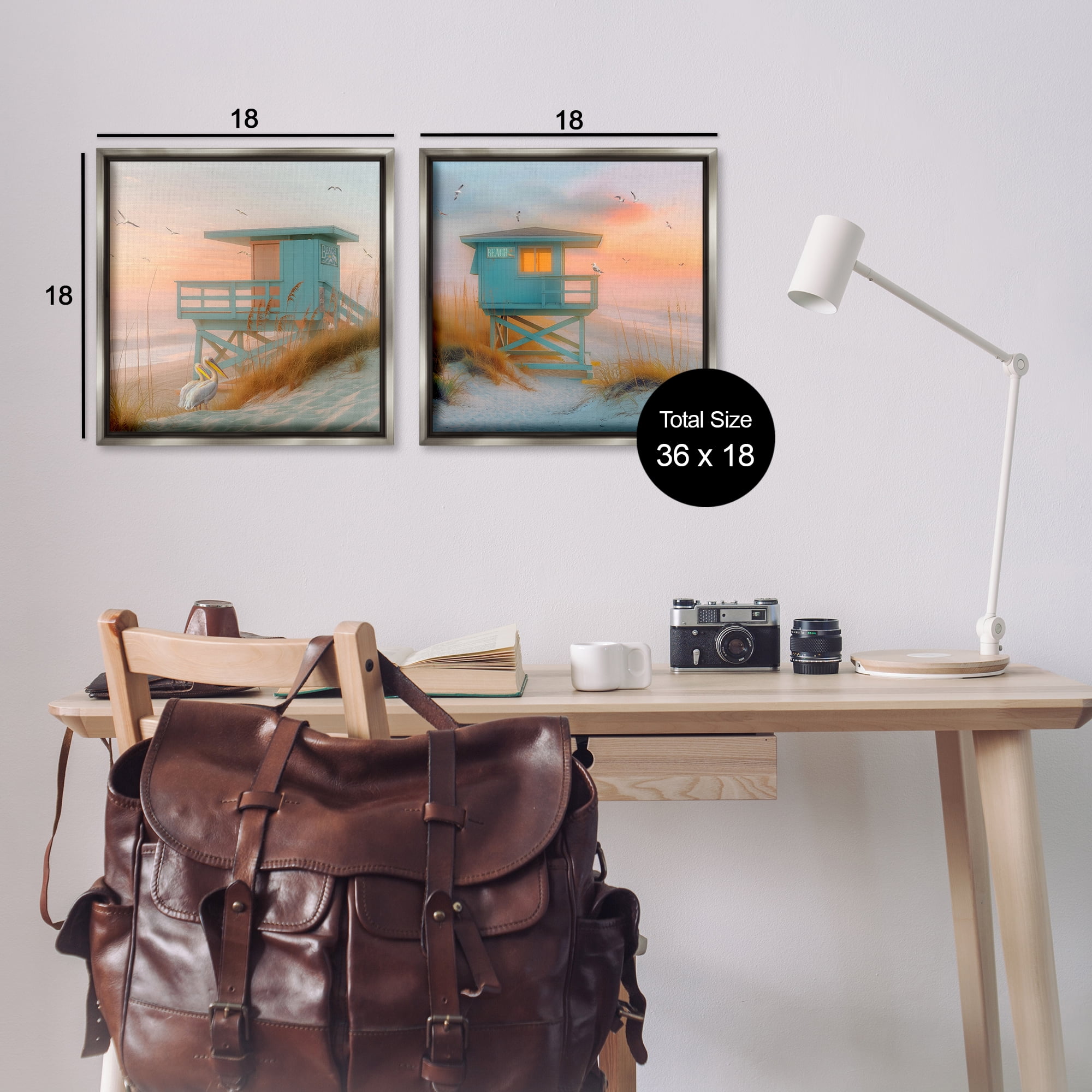 Stupell Industries Lifeguard Beach Hut Pelicans Nautical & Beach Painting Gray Floater Framed Canvas Art Print Wall Art, 18 x 18, Set of 2