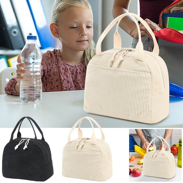 Bolsa de almuerzo vintage de pana con estampado de fresa - Bolsa portátil aislante para mujer, blanca o rosa, con varios compartimentos