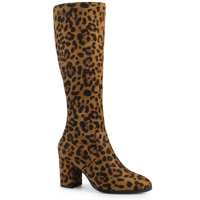 Unique Bargains Women's Round Toe Chunky Heels Knee High Boots Leopard (Size 6)