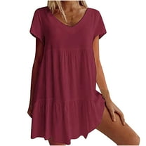 Babysbule Dresses Plus Size Fire Outfit Women's Summer Casual V-Neck Short Sleeve Folding Solid Dresses