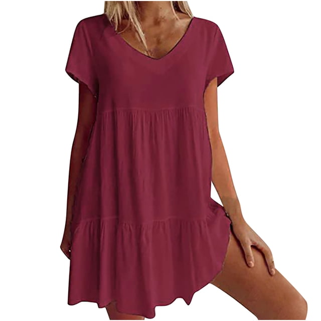 Vestidos lisos plegables de manga corta con cuello en V informales de verano para mujer Fridja bnh2860