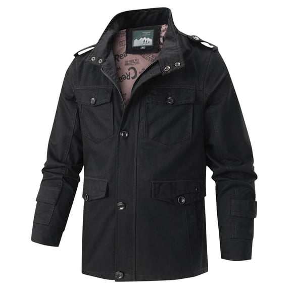 Aimik Men's Cotton Lightweight Multi Pockets Zip Front Stand Collar Military Jackets Windbreaker Hiking Cargo Casual Jacket Coat-Black XXL