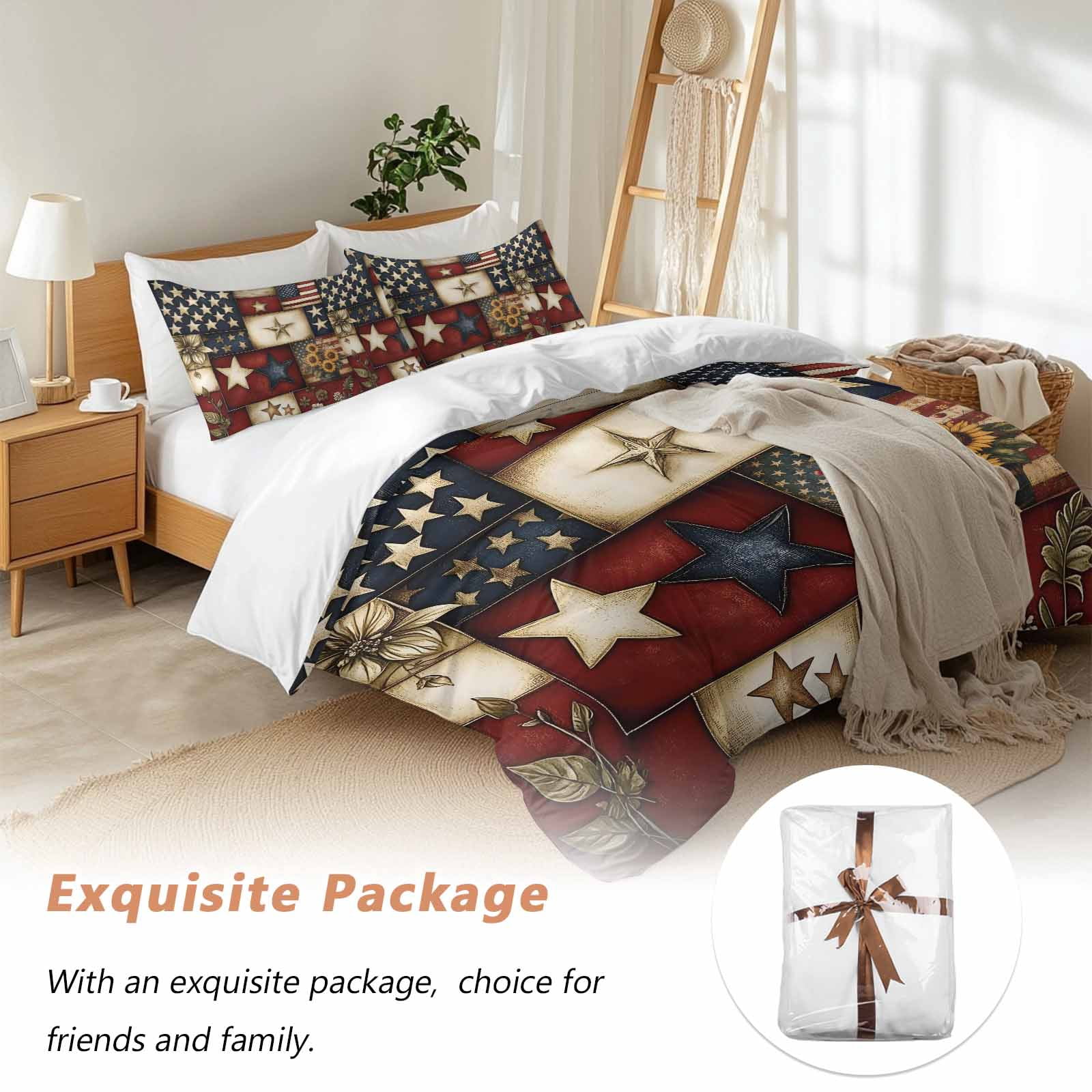 American Flag Bedding 3 Piece Duvet Cover Set California King, Texas Star Farmhouse Sunflowers Blue Red Soft Microfiber Comforter Cover with Zipper Closure & Pillowcases, FadeResistant Quilt Cover