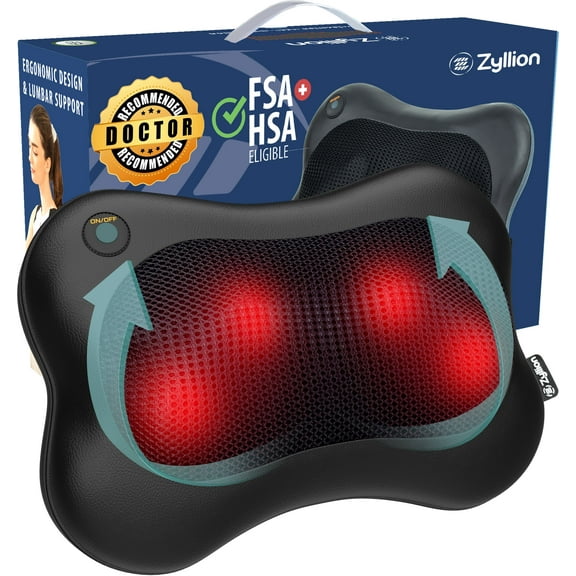 Zyllion Rechargeable Shiatsu Back & Neck Massager 3D Kneading Cordless Massage Pillow with Heat for Muscle Pain, Black