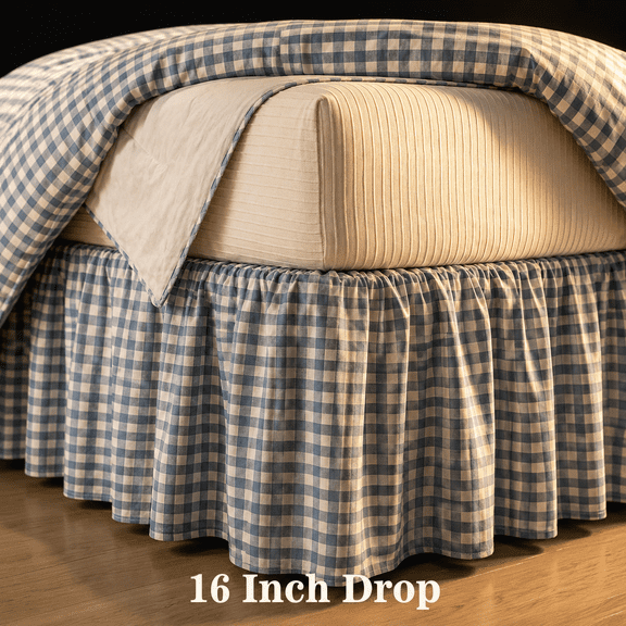 Blue White Gingham Queen Size Bed Skirt with 16" Drop Pleated Ruffle