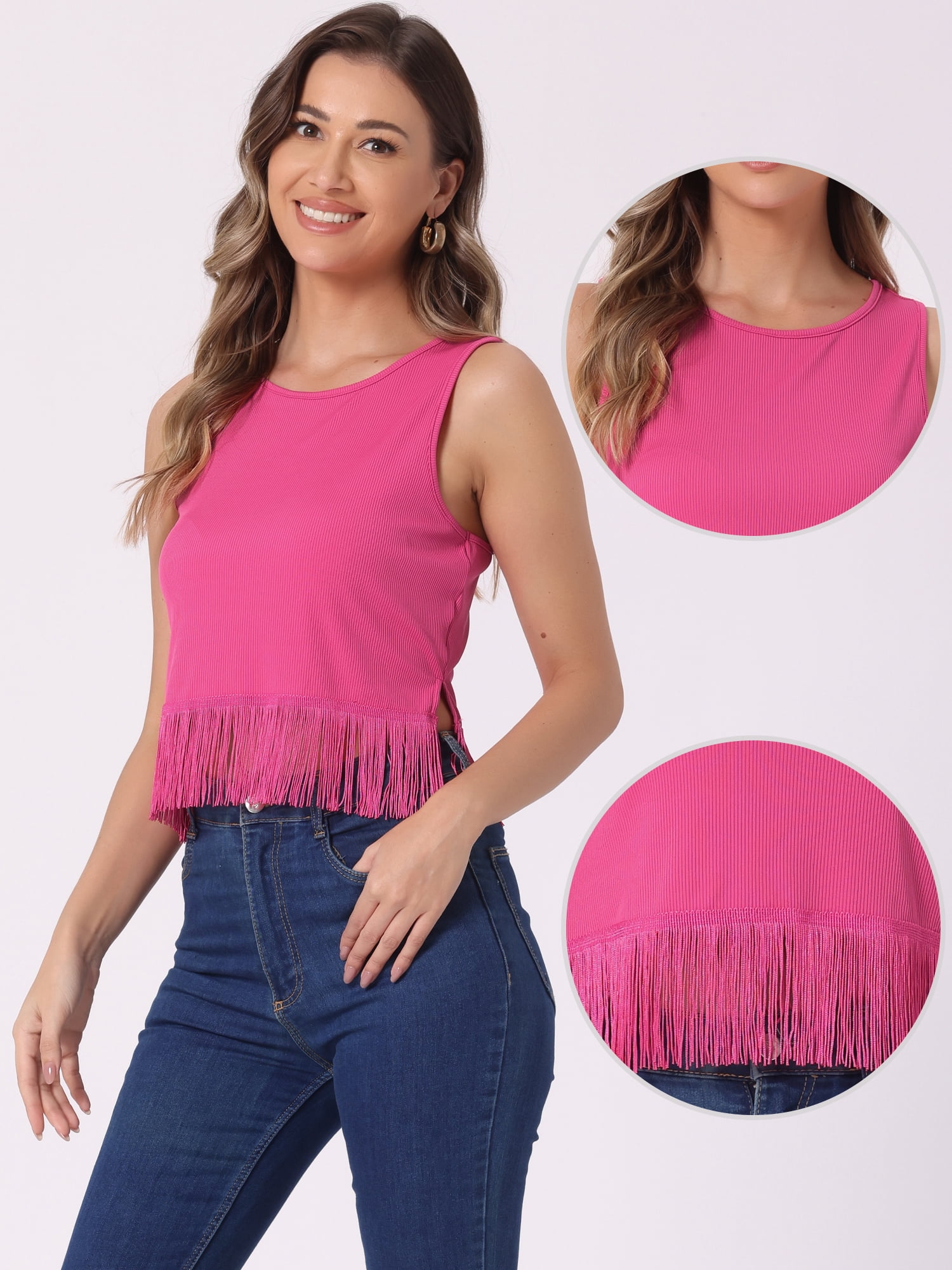 DARING DIVA Women's Ribbed Knit Tank Crew Neck Crop Tassel Trim Vest XS Hot Pink