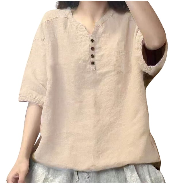 Timegard Hauts d'Été pour Femmes Col Montant Col en V Boutonné Ample Léger Décontracté Blouse à Manches Courtes