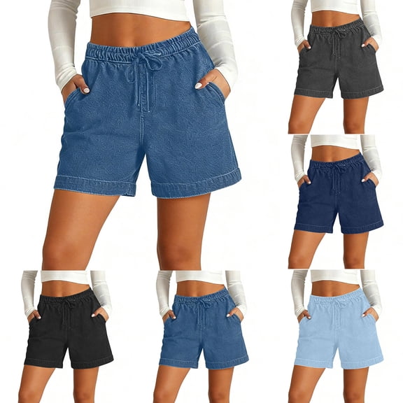 Womens Jean Shorts High Waisted Summer Stretchy Casual Pull On Beach Elastic Waist Denim Shorts with Pockets