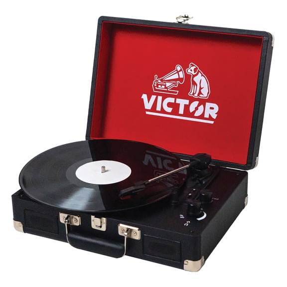 Victor 2-Watt Metro 3-Speed Belt-Drive Manual Suitcase Turntable with Built-in Speakers, Bluetooth In/Out, Aux In, and 45-RPM Adapter , Black