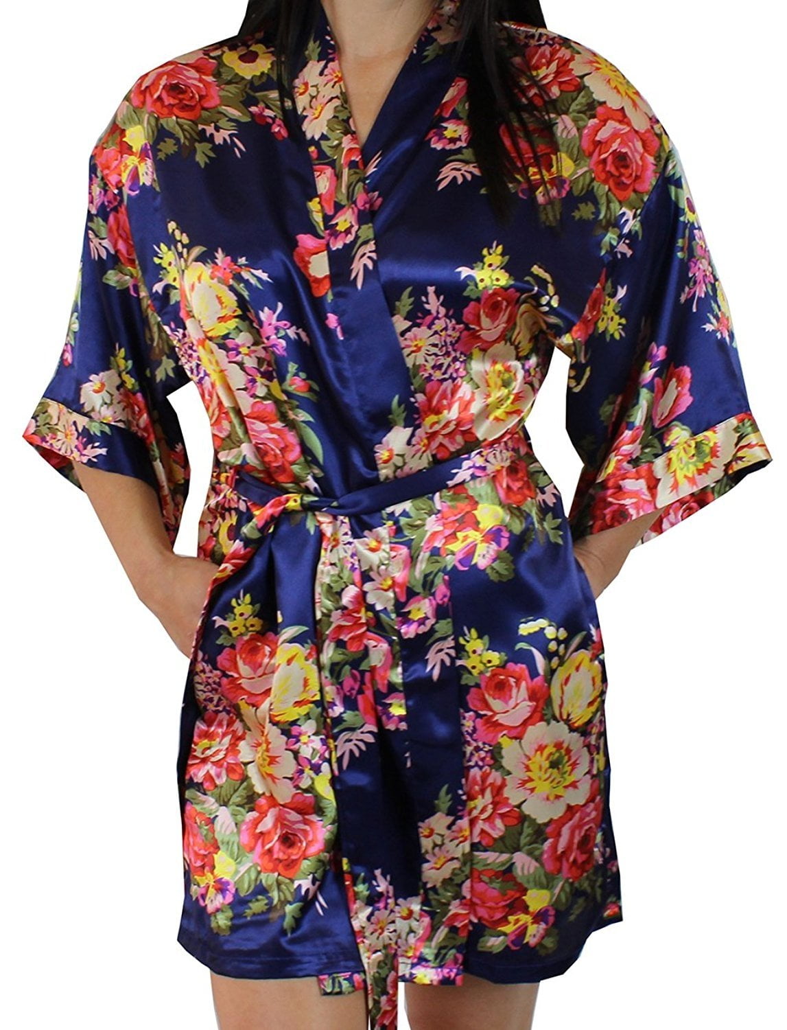 Women's Floral Satin Kimono Short Bridesmaid Robe With Pockets Silky