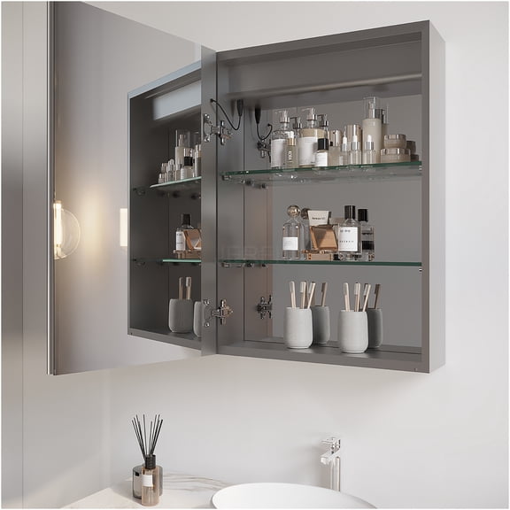 JERFIT 26x20 Inch LED Bathroom Medicine Cabinet with Anti-Fog Mirror, Dimmable & Color Temp Adjustable, Aluminum Surface Mount/Recessed Mount, Silver