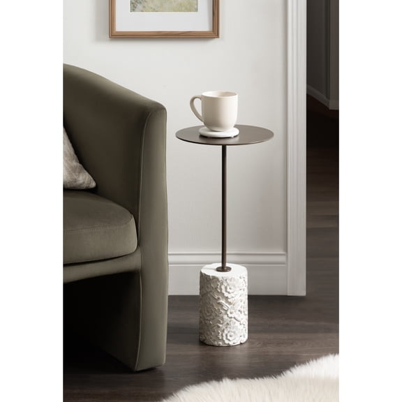 Kate and Laurel Joya Modern Round Drink Table with Carved Wood Base, 10 x 10 x 22, Bronze and White, Transitional Wood and Metal Pedestal Table for Use as Indoor Plant Stand or Living Room Decor