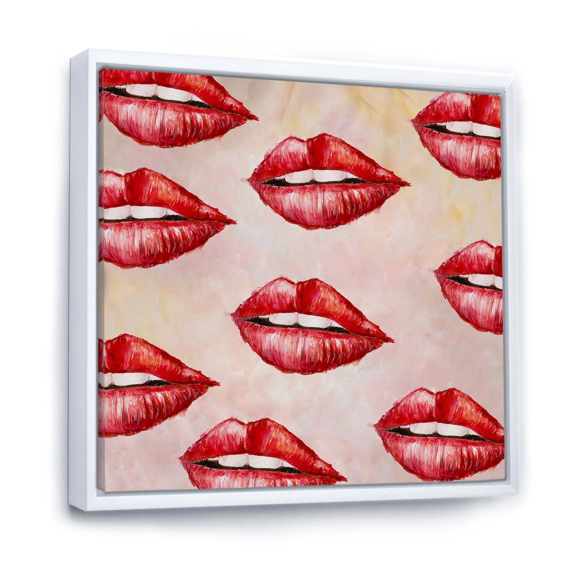 Designart 'Red Girl Lips Pattern' Modern Framed Canvas Wall Art Print