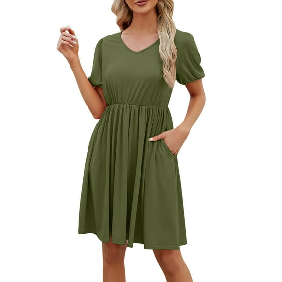 TSADFHJI Black Skirt Women Midi Women's Solid Color V Neck Puffy Sleeve Pleated Skirt Fashion Dress M Green